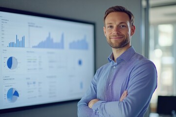 Poster - confident businessman standing in front of data dashboard in modern office setting smiling directly at camera