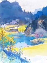 Wall Mural - Serene Spring Village Landscape.