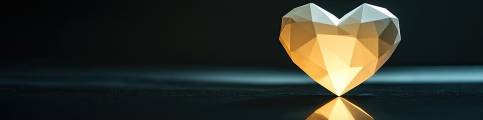 Poster - glowing geometric heart-shaped light casting soft reflections on black matte surface