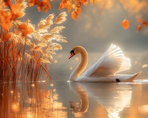 Poster - Majestic swan on calm autumn lake at sunrise.