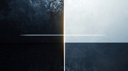 Poster - glowing line splitting dark and light side of smooth reflective surface creating visual balance