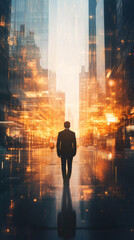 Poster - Professional professional standing amid glowing smart city skyline, illuminated architectural landscape bathing in golden sunset light
