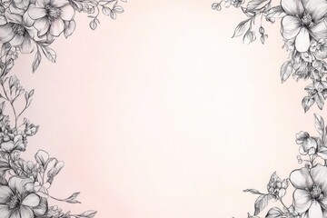 Poster - hand-drawn vintage floral wreath framing empty white space on soft pastel pink background