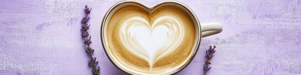 Aufkleber - heart-shaped latte art in decorative coffee cup placed on soft lavender surface