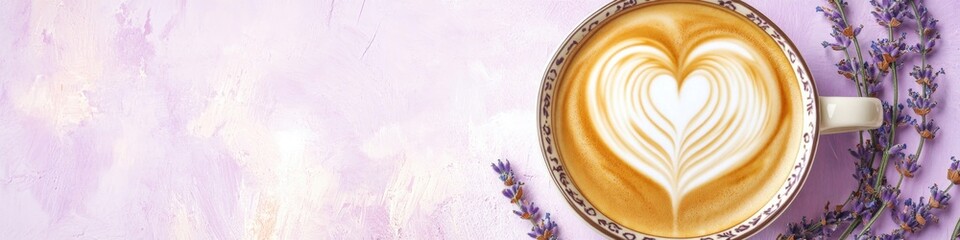 Aufkleber - heart-shaped latte art in decorative coffee cup placed on soft lavender surface