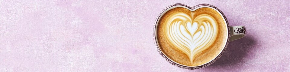 Aufkleber - heart-shaped latte art in decorative coffee cup placed on soft lavender surface