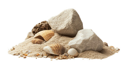 Poster - A pile of various rocks and shells arranged on a black background for artistic display isolated on a white background.