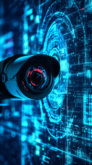 Aufkleber - Modern security camera analyzing data on a futuristic holographic interface, ensuring robust surveillance and data protection