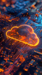 Fototapete - Glowing cloud icon floating above semiconductor surface, visualizing networked data infrastructure and cloud-based technological connectivity
