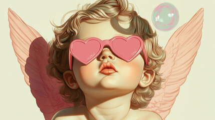 Wall Mural - angelic child with heart-shaped sunglasses and wings enjoying a bubble