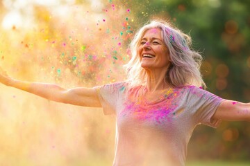 Poster - middle-aged woman dancing joyfully under cascade of colorful holi powders framed by vibrant sunlight
