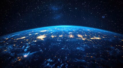 Poster - earth from space with light lines of communication and connection communications system and the World Wide Web