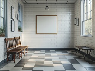 Poster - Empty Room with Bench and Picture Frame large window and a large floor tile