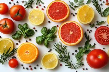 vibrant food composition creating geometric patterns with fresh produce, crisp studio lighting on pure white, emphasizing colors and textures