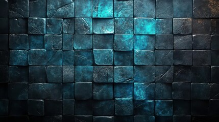 Poster - A textured wall featuring dark, square tiles with a blue glow, creating a visually striking pattern.