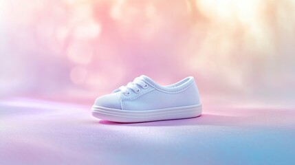 Poster - single baby shoe placed centrally on smooth pastel surface with soft natural light creating depth