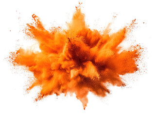 Poster - Orange powder explosion on a transparent background creating vibrant visual effects for design projects isolated on a white background.