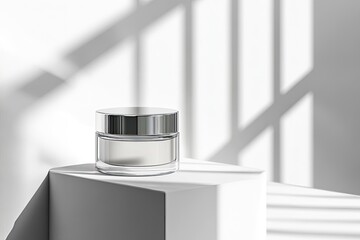 Poster - sleek composition featuring glass jar of facial cream with metallic lid set on clean white surface with copy space
