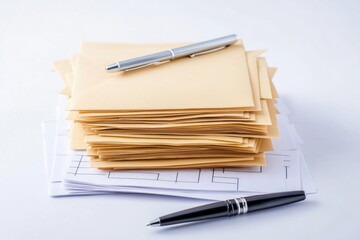 Poster - stack of application envelopes neatly arranged with pen and checklist on solid white background