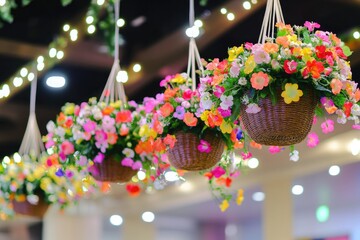 Poster - vibrant creative display of hanging flower baskets with colorful petals cascading elegantly illuminated by soft lighting