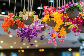 Poster - vibrant creative display of hanging flower baskets with colorful petals cascading elegantly illuminated by soft lighting