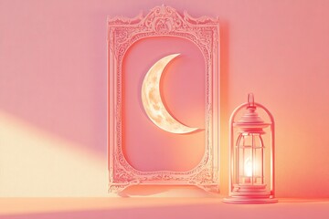 Poster - vibrant vector illustration of crescent moon and lantern placed in decorative frame on pastel pink surface