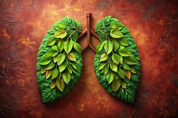 Wall Mural - Nature's Lungs: Healthy Respiration, Green Leaf & Red-Brown Texture