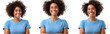 © Shahanaj - A happy, multiracial woman with curly hair wearing a blue t-shirt, in three different poses and angles, isolated on a transparent background png  (2)