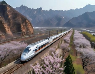 High-speed train through blooming countryside. Transport, travel, scenic route.