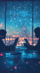 Aufkleber - Business partners using laptops and digital tablet with glowing network connection in panoramic office at night