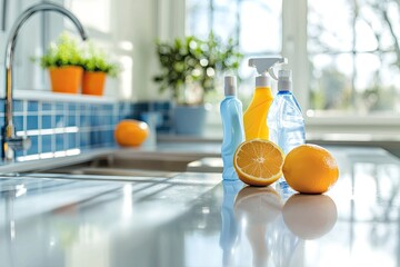 Aufkleber - bright and clean kitchen countertop with various cleaning supplies neatly arranged leaving ample copy space