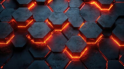Poster - A close-up of hexagonal tiles with glowing orange lines, creating a futuristic and industrial aesthetic.