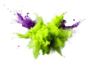 Poster - Colorful green and purple powder explosion creating vibrant abstract background for artistic designs isolated on a white background.