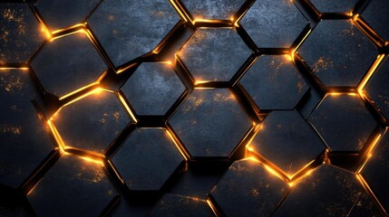 Poster - A futuristic hexagonal pattern with glowing edges, merging dark textures and light, creating a dynamic visual effect.