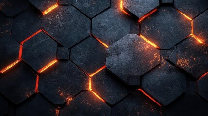 Poster - A textured black hexagonal surface featuring glowing orange lines, creating a striking and modern abstract design.