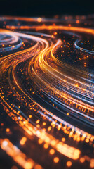 Fototapete - Luminous curved lines swirling, particles flowing dynamically, generating sleek technological aesthetic for digital design background