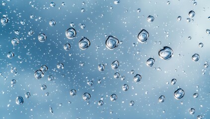 Poster - Water Droplets on Surface with Blue Background Creating a Calm and Refreshing Atmosphere Perfect for Nature and Wellness Themes