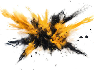 Poster - Yellow paint explosion on a black background creating a vibrant abstract design isolated on a white background.