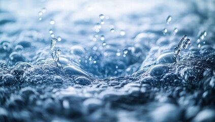 Poster - Water Droplets Splashing in a Blue Liquid Surface, Creating Bubbles and Waves with a Soft Focus Background for Artistic or Nature-Themed Projects