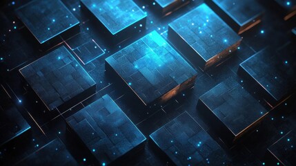 Poster - A digital abstract image featuring glowing, textured blue blocks arranged in a grid with a futuristic appearance.
