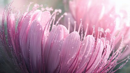 Poster - Close-up of a delicate pink flower glistening with morning dew Petals soft and vibrant a beautiful floral detail