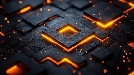 Poster - A close-up of textured, dark material with glowing orange patterns, showcasing a modern, abstract design that evokes a sense of depth and energy.