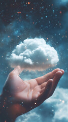 Aufkleber - Cloud computing concept with a hand holding a cloud on a starry night sky background, symbolizing data storage, network, and technology