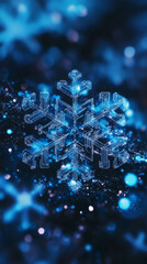 Aufkleber - Luminous digital snowflake glowing with blue light, creating festive winter atmosphere against blurred dark background