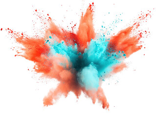 Poster - Colorful powder explosion in the air creating vibrant clouds and trails of color against a white background isolated on a white background.