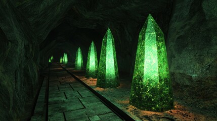 Wall Mural - Glowing Green Crystals in Mysterious Cave Tunnel Environment