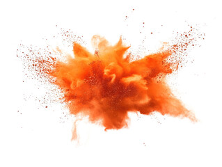 Poster - Orange powder explosion creating vibrant cloud against a dark black background isolated on a white background.