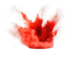 Poster - Red powder explosion creating vibrant cloud on white background in artistic style isolated on a white background.