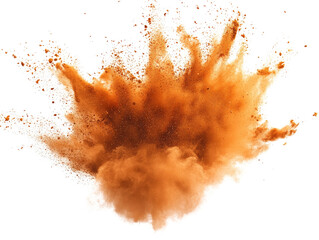 Poster - Brown powder explosion creating dynamic clouds and particles in motion on a dark background isolated on a white background.
