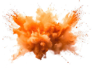Poster - Orange powder explosion creating vibrant cloud on black background in abstract art composition isolated on a white background.